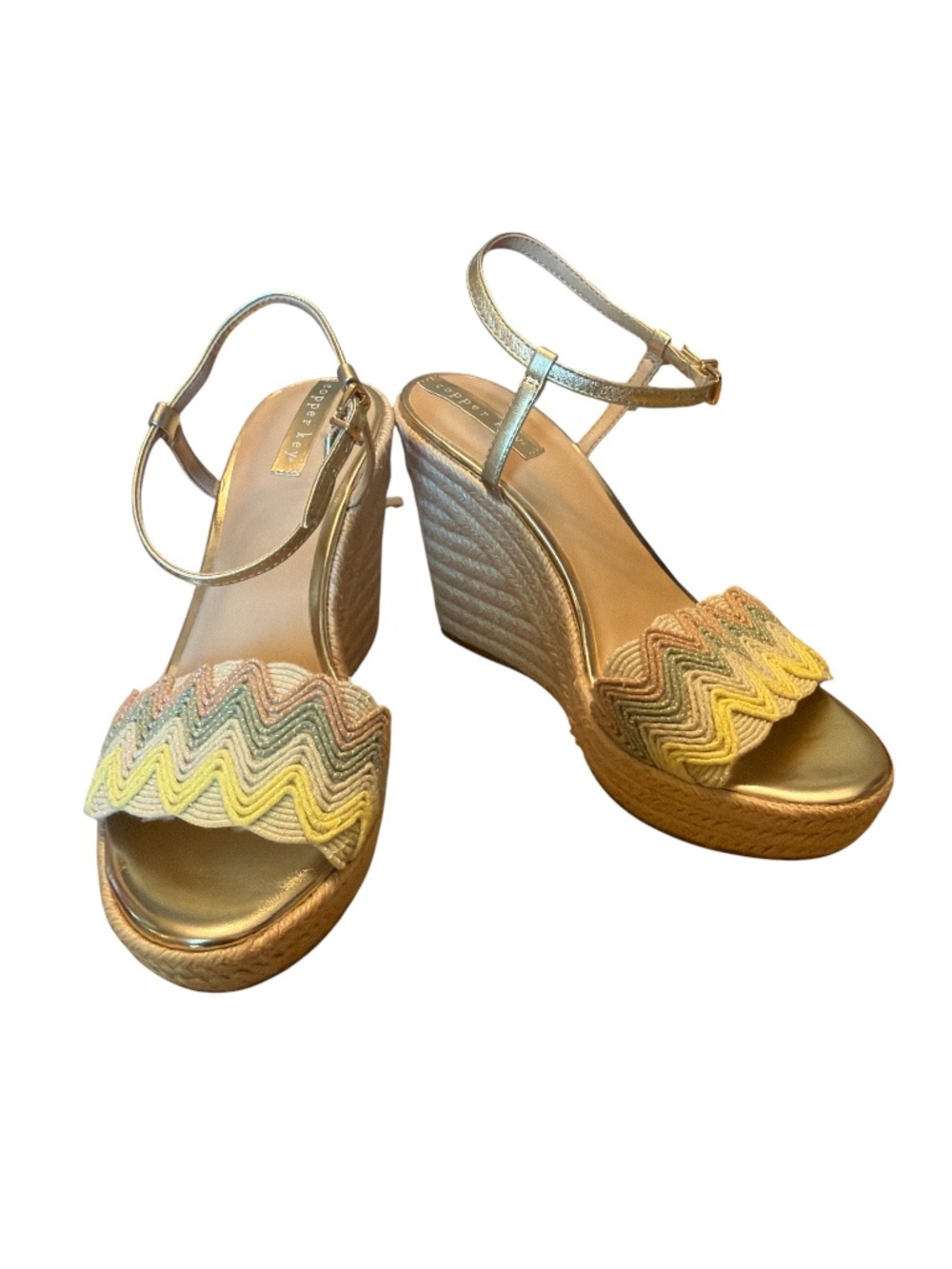 Copper Key Gold Espadrille Wedge Sandals Chevron Boho Size 9.5